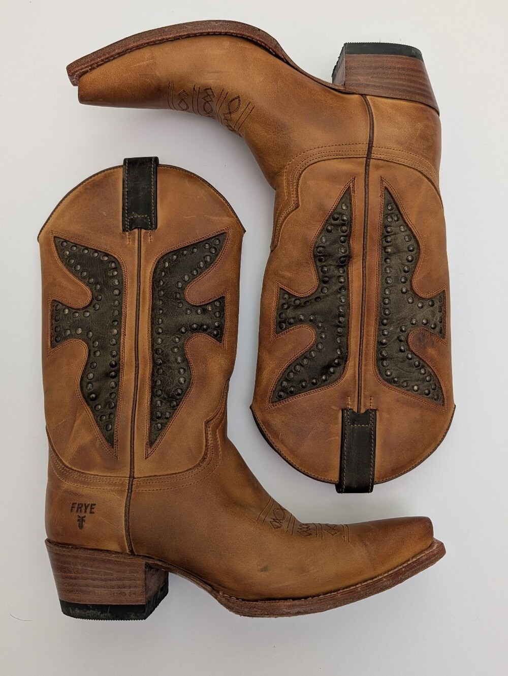Frye Daisy Duke Studded Cowboy Boots Women's 8.5 Goodyear Welt Brown - Picture 2 of 12